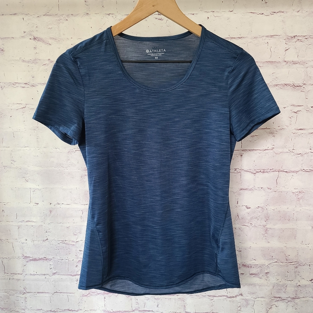 Athleta Teal Blue Black Spacedye Lightweight Short Sleeve Athletic Tee XS